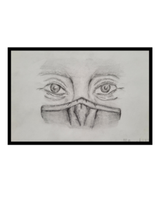 Drawing, graphite on paper. A pair of human eyes and nose, the nose partially covered by the top of a surgical map, drawn in a realistic style.