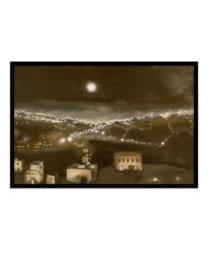 Painting on canvas A painting of a town in dark browns and ochre, showing lights trailing off into the distance. In the centre-top of the painting is a slightly obscured moon, that draws the eye through the foothills below.