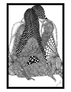 Black ink pen on white canvas. A depiction of two human forms, one sitting, one kneeling, using repeating patterns of checks, swirls, pointillism, hashes, and repeating patterns, emphasizing intimacy and utilising negative space.