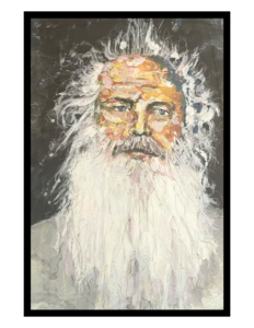 Oil on Canvas A bearded man with white hair, beard, and moustache, gazing at the viewer. He has blue eyes, and is wearing a grey-white shirt. He has a thoughtful expression, and is standing in front of a dark background.