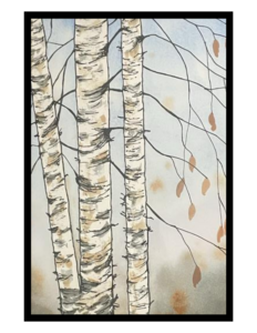 Watercolour on canvas Three birch trees, two narrow trees surrounding one thicker one, with slender branches offshooting, with sparse leaves in orange, ochre, and brown. The sky behind is a pale, faded blue, with the suggestion of hills or other trees in the lower third.