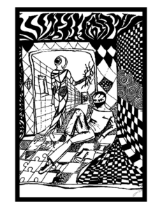 Black ink on white canvas. Impressionist design of two human figures, one reclining, one walking down a long hallway. Repeating images decorate the hallway, and the walking figure is outlined in bold lines, suggesting a thoughtful interaction with their environment.